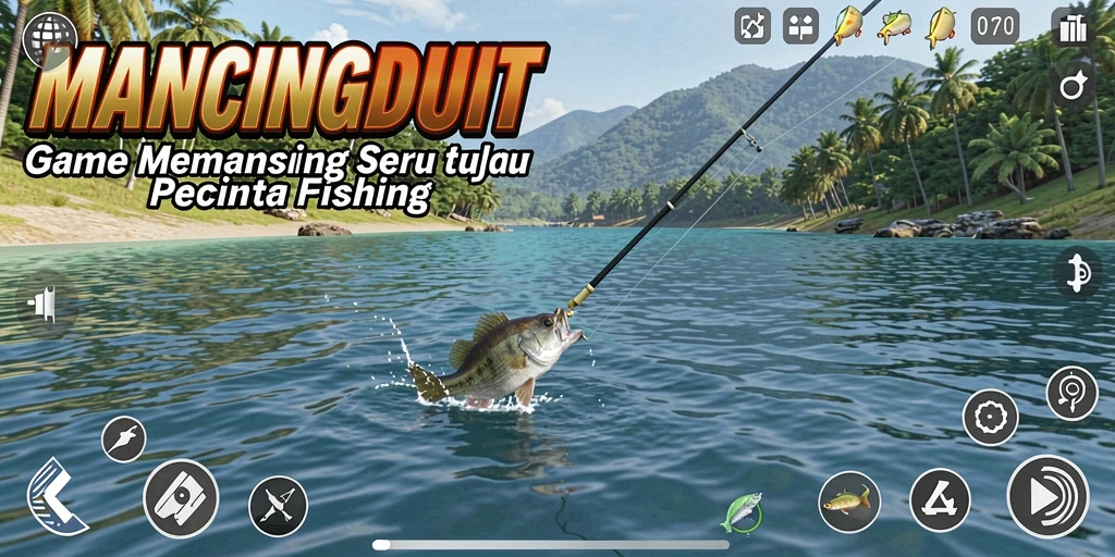 Tampilan gameplay MANCINGDUIT dengan berbagai lokasi memancing yang indah.