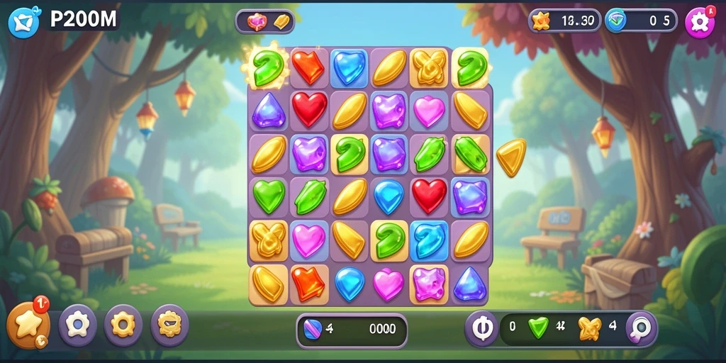 Screenshot utama P200M menampilkan gameplay Match-3 yang menantang.