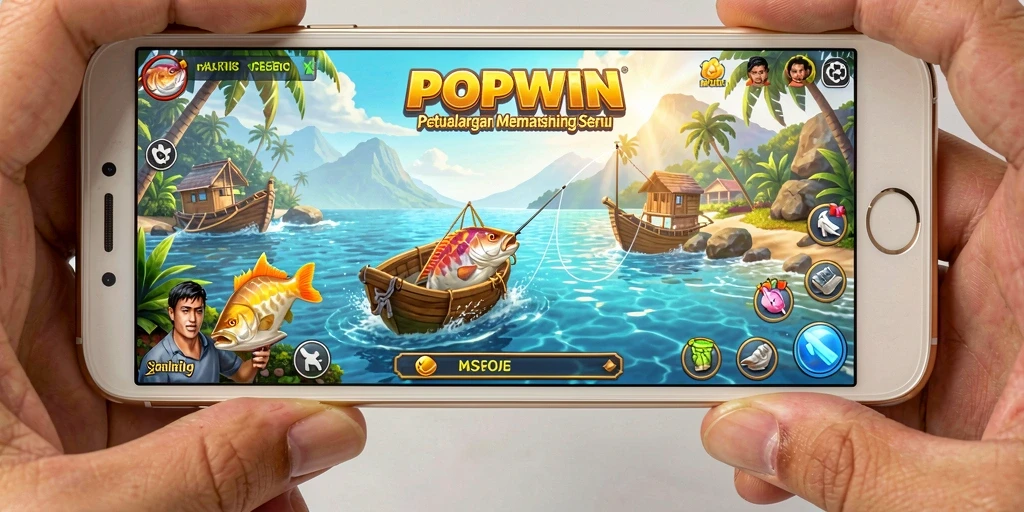 Screenshot gameplay POPWIN menampilkan aktivitas memancing yang seru dan mendebarkan.