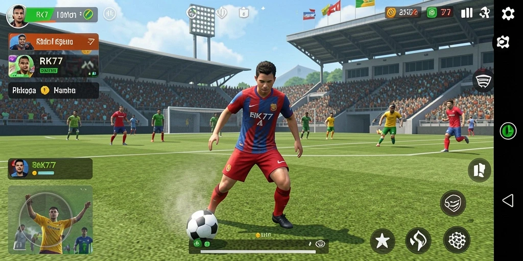 Tampilan gameplay olahraga yang dinamis dan penuh aksi.
